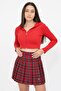 Women's Red Hooded Zipper Front Ribbed Knitted Crop Blouse - 3