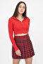 Women's Red Hooded Zipper Front Ribbed Knitted Crop Blouse - 4