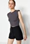 Anthracite Padded Fitted Crew Neck Crop Stretchy Knitted Blouse TWOSS23BZ00251
