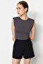 Anthracite Padded Fitted Crew Neck Crop Stretchy Knitted Blouse TWOSS23BZ00251 - 2