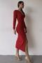 Women's Red Crepe Fabric Slit and Drape Detailed V-Neck Long Sleeve Midi Evening Dress 150 - 4