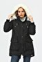 Women's Black Waist Drawstring Waterproof Hooded Fur Lined Plush Winter Coat