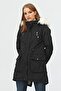 Women's Black Waist Drawstring Waterproof Hooded Fur Lined Plush Winter Coat - 5