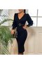 Women's Black, Double Breasted Collar Belted Sleeve Button Detail Acrylic Knitwear Fabric Midi Dress - 2