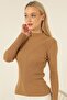 Women's Camel Turtleneck Corded Hair Knitted Patterned Knitwear Sweater