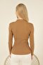 Women's Camel Turtleneck Corded Hair Knitted Patterned Knitwear Sweater - 5