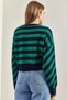Women's Navy Blue Green Striped Knitwear Sweater 20223275 - 3