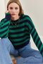 Women's Navy Blue Green Striped Knitwear Sweater 20223275 - 4