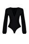 Siyah Balon Kol V Yaka Fitted/Vücuda Oturan Esnek Çıtçıtlı Örme Body TWOSS23BD00030 - 6