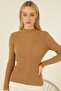 Women's Camel Turtleneck Corded Hair Knitted Patterned Knitwear Sweater - 4