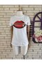 Women's White Lip Printed Cotton Single Jersey Fabric T-Shirt 65cm - 2