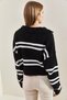 Women's Black and White Polo Collar Striped Knitwear Sweater 20223276 - 2