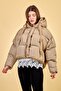 Women's Beige Oversize Hooded Short Puffer Coat with Drawstring at the Bottom - 6