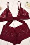 Women's Burgundy Ribbon Lace Bra Set
