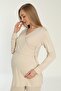 Beige Long Sleeve Maternity and Pregnant Pajamas Set Suitable for Breastfeeding - 5
