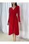 Women's Red, Crepe Fabric Midi Length Belted Long Sleeve Dress (Red) - 2