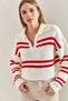Women's White Red Polo Collar Striped Knitwear Sweater 20223276 - 3