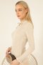 Women's Beige Knitwear Sweater with Lace-up Collar and Ruffles at the Sleeves