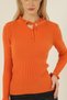 Women's Orange Lace-up Collar and Ruffled Sleeve Knitwear Sweater - 2