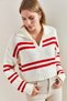 Women's White Red Polo Collar Striped Knitwear Sweater 20223276 - 4