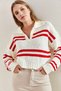 Women's White Red Polo Collar Striped Knitwear Sweater 20223276 - 5