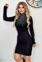 Black Flexible Buzzy Fabric Imported Stone Embroidery Detailed Long Sleeve Mini Dress 5082 - 5