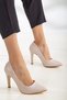Women's Stiletto Thin Heels Beige Faux Leather Shoes