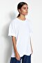 Beyaz %100 Kalın Pamuklu Oversize/Geniş Kalıp Bisiklet Yaka Örme T-Shirt TWOSS23TS00040 - 8