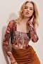 Tile Square Collar Front Stitching Detailed Patterned Crop Tulle Blouse Alc-X9715 - 3