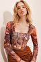 Tile Square Collar Front Stitching Detailed Patterned Crop Tulle Blouse Alc-X9715 - 4