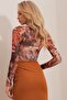 Tile Square Collar Front Stitching Detailed Patterned Crop Tulle Blouse Alc-X9715 - 5