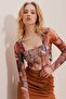 Tile Square Collar Front Stitching Detailed Patterned Crop Tulle Blouse Alc-X9715 - 2