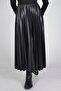 Women's Black Leather Look Pleated Skirt - 2