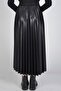 Women's Black Leather Look Pleated Skirt - 3