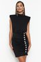 Black Satin Short Evening Dress with Shiny Stone Detail - TPRSS23EL00175
