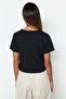 Siyah %100 Pamuk Slogan Baskılı Crop Bisiklet Yaka Örme T-Shirt TWOSS23TS00125 - 5