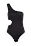 Siyah Tek Omuz Cut Out Detaylı Dokulu Regular Mayo TBESS22MA0064 - 7