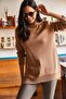 Women's Camel Turtleneck Side Slit Soft Textured Knitwear Sweater KZK-19000566 - 3