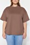 Kahverengi Yaka Ribanalı Geniş Kalıp Basic %100 Pamuk Örme T-shirt TBBSS23BF00017 - 4