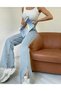 Maybach Women's Lycra Women's Light Snow Blue High Waist Loose Leg Split Jeans Trousers