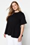 Siyah Bisiklet Yaka Geniş Kalıp %100 Pamuk Örme T-Shirt TBBSS22TS2094