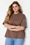 Kahverengi Yaka Ribanalı Geniş Kalıp Basic %100 Pamuk Örme T-shirt TBBSS23BF00017 - 3