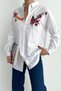 Women's White Folding Sleeve Bird And Flower Embroidery Oversize Cotton Shirt - 2