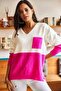 Women's Fuchsia Ecru V-Neck Pocket Color Blocked Soft Textured Knitwear Pullover KZK-19000535 - 2