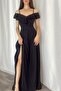 Crepe Fabric Thin Straps Slit V-Neck Long Black Dress 582190