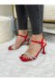 Red Crepe Satin Three-Stone Heeled Shoes - 2