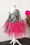 Girl's Fuchsia Hologam Tulle Dress, Long Sleeve Fuchsia Hologam Birthday Dress, Bandana