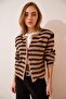 Women's Camel Black Striped Stylish Buttoned Bearded Knitwear Cardigan Yy00115 - 2