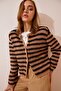 Women's Camel Black Striped Stylish Buttoned Bearded Knitwear Cardigan Yy00115 - 5