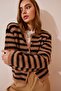 Women's Camel Black Striped Stylish Buttoned Bearded Knitwear Cardigan Yy00115 - 7